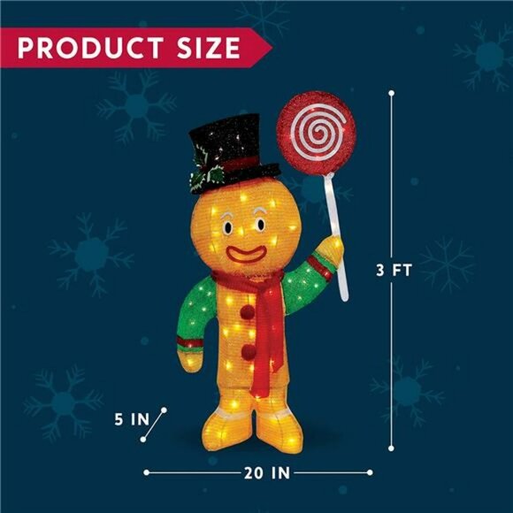 3FT Christmas Gingerbread Man Tinsel Yard Light 50 Pre-Lit LED Warm White Lights - Picture 4 of 7